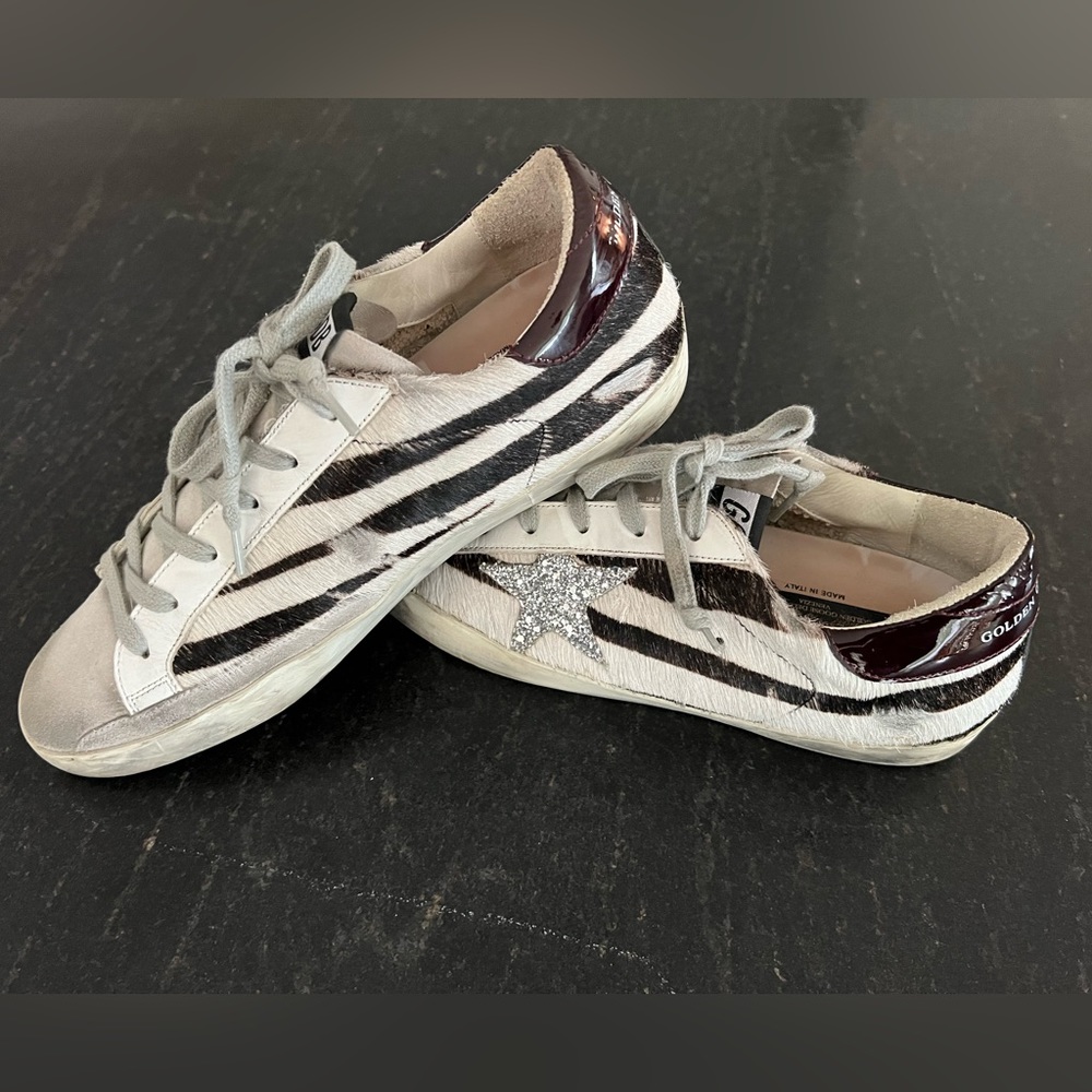 Golden Goose Superstar calf hair zebra print sneaker. Size 10/40